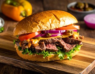 Close-up of a stacked sandwich with various fresh toppings