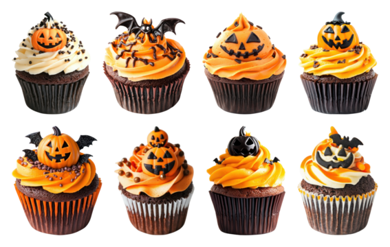 PNG Halloween-themed cupcakes with decorations, element set on transparent background - Powered by Adobe