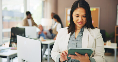 Reading, marketing or woman in office with tablet, industry research or ideas for company growth....