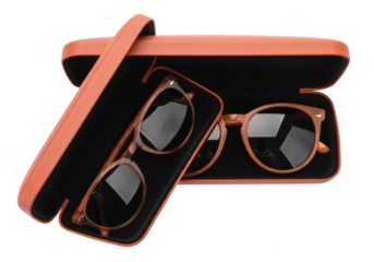Brown sunglasses in an orange case isolated on transparent background