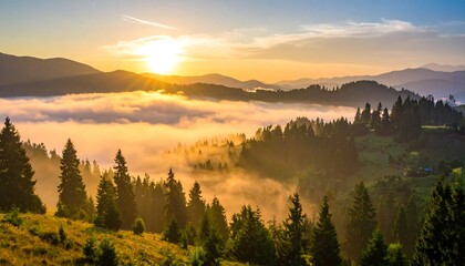 Sunrise illuminates rolling hills with a sea of clouds and lush forests