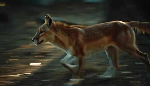 A powerful dingo sprints across the natural terrain at twilight, its dynamic movement captured in a blur of golden fur, showcasing the untamed instinct and raw energy of this wild animal