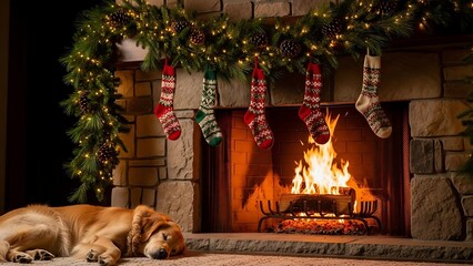 Cozy fireplace with burning fire, Christmas stockings hanging above, and a golden retriever sleeping peacefully nearby.