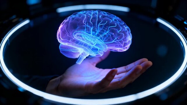 glowing brain hologram floating above open hand futuristic cinematic background, perfect for world logic day
