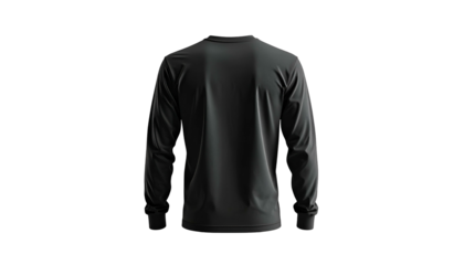 Back view of a plain, long-sleeved black shirt against a dark background