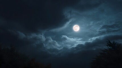 A bright full moon shines through dramatic dark clouds on a tranquil night illuminating the atmospheric sky