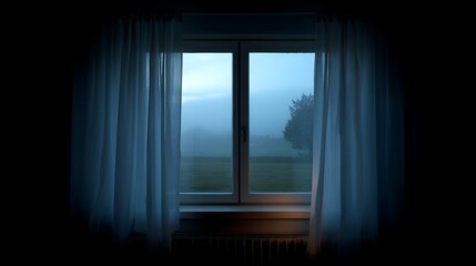 Naklejka premium A tranquil view of a misty rural landscape at dawn seen through a window framed by sheer white curtains evoking a sense of quiet anticipation