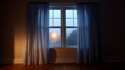 Naklejka premium A serene view of a foggy landscape with a distant house light seen through a window with sheer curtains at twilight