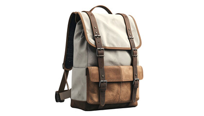 Canvas and leather backpack with multiple pockets and straps isolated on black