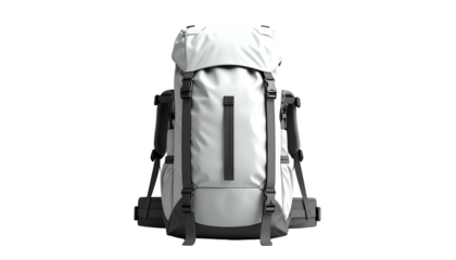 A detailed front view of a white, upright outdoor backpack on a black backdrop