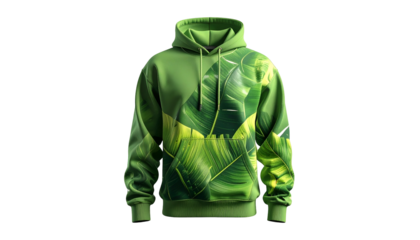 Green hoodie mockup with repeating leaf pattern, isolated on black background