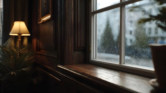 Cozy room interior with lamp glow observing a rainy snowy day through a streaked window pane - Powered by Adobe