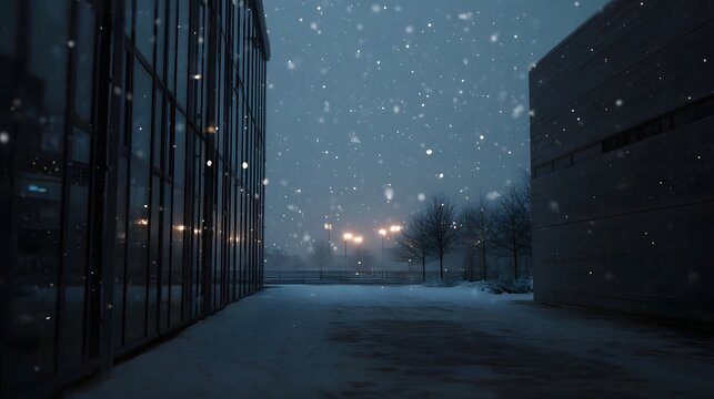 A serene winter night with falling snow between modern buildings and bare trees - Powered by Adobe
