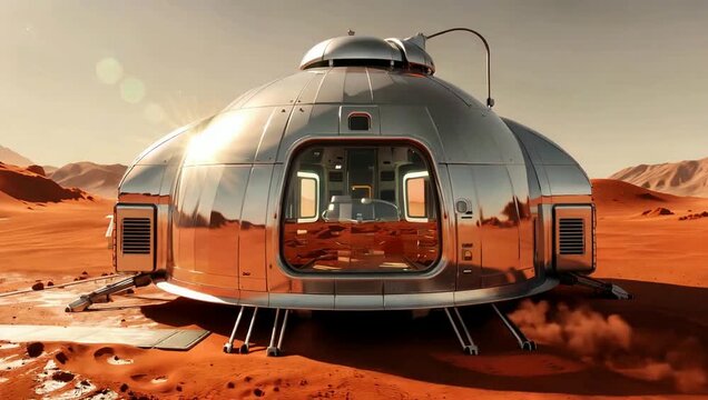 Shiny Martian Lander Base Colony Module Extraterrestrial Exploration Vehicle on Red Planet Surface Space Mission Technology