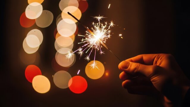 Sparkler ignites against a backdrop of festive bokeh lights
