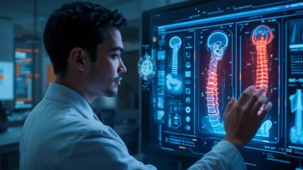 A male doctor uses a futuristic holographic interface displaying spinal scans and patient data, representing the integration of AI assistance in medical diagnosis and healthcare. 4k video - Powered by Adobe