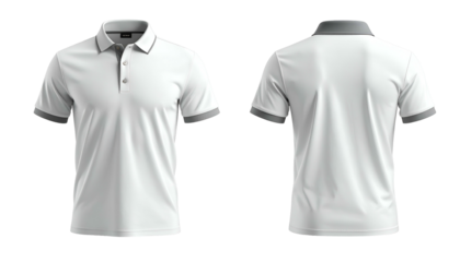 White polo shirt with gray collar and cuffs, shown front and back against a black background