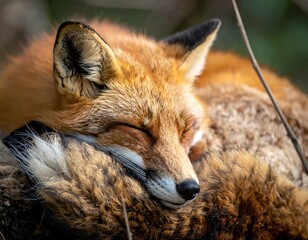 Close-up of a curled-up, sleeping, orange and brown-furred animal
