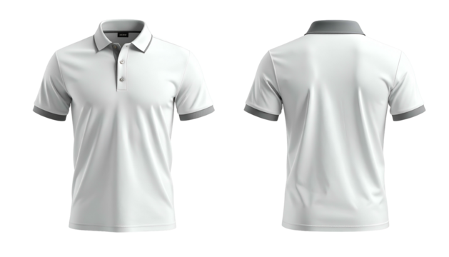 White polo shirt with gray collar and cuffs, shown front and back against a black background