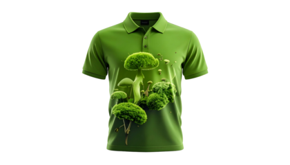 Green polo shirt features an abstract design of mossy, mushroom-like forms