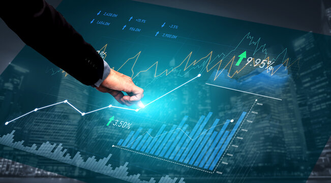 A businessman is engaged in analyzing financial data displayed on a digital touchscreen, highlighting graphs and trends that illustrate market performance and growth potential. Scalp - Powered by Adobe