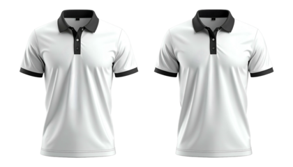 Two white polo shirts with black collars, cuffs, and button plackets, against a black backdrop