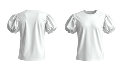 Front and back views of a white women's short-sleeved blouse with puffy sleeves