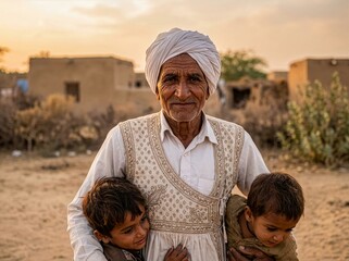 Portrait Of Elderly Indian Man Wearing White Turban And Vest Standing With Two Young Grandchildren Outdoors