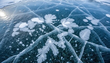 Detailed patterns of frozen ice with intricate cracks and trapped air bubbles on a vast winter lake surface texture.