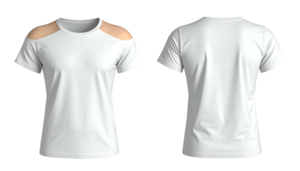 Front and back views of a white t-shirt with a neutral shoulder detail