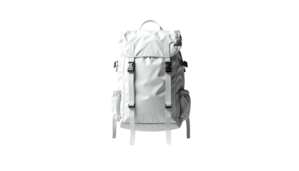 A white backpack with multiple pockets, straps, and buckles stands out against a black backdrop