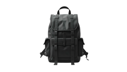 Front view of a dark grey backpack with multiple compartments, straps, and buckles against black