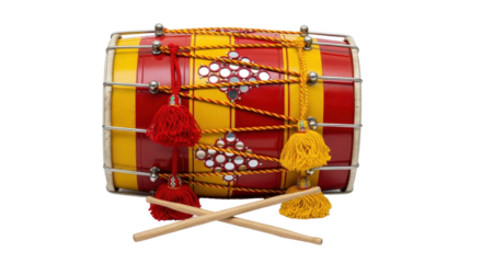 Traditional Punjabi Dhol drum with drumsticks isolated PNG with Transparent Background