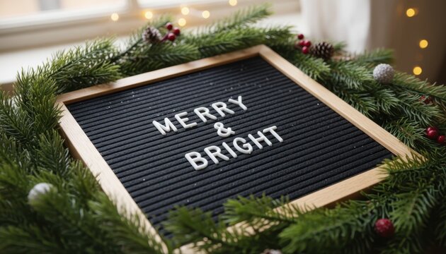 Merry & bright message on a felt letter board, framed by a festive christmas garland with red berries and warm lights.
