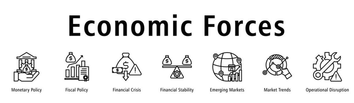 Economic Forces banner illustrating monetary moves, fiscal actions, crisis elements, stability, markets, trends and disruptions shaping the economy.