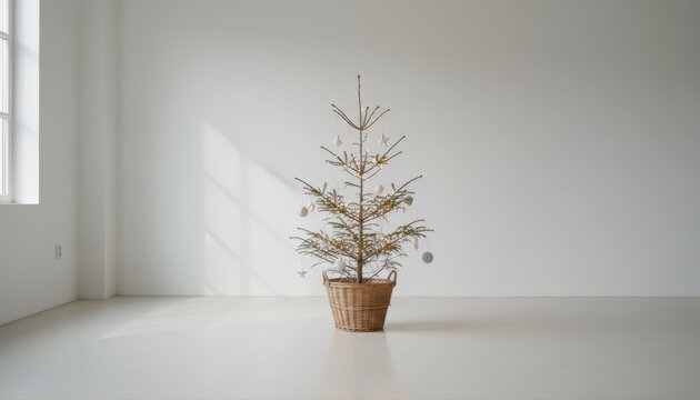 Minimalist christmas tree in a woven basket, simple holiday decorations, white room interior, serene holiday season vibe