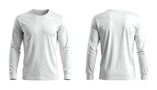 A front and back view of a blank, long-sleeved white shirt, isolated on black