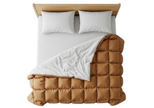 Top view of a bed with white linens and a brown comforter isolated on transparent background