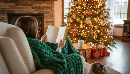 Woman relaxing and reading a book by a glowing christmas tree in a cozy home, with a cat and falling snow outside.