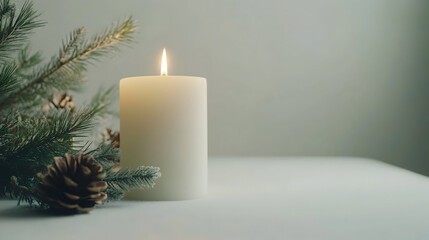 christmas still life with candle and pine cones