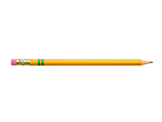 A classic yellow pencil with a pink eraser and green accents isolated on transparent background