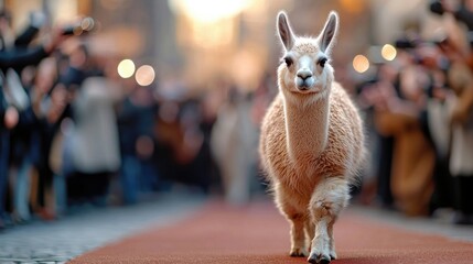 Obraz premium A llama walks towards the camera on a red carpet, surrounded by a blurred crowd of people with cameras. The scene is outdoors with warm, golden lighting.
