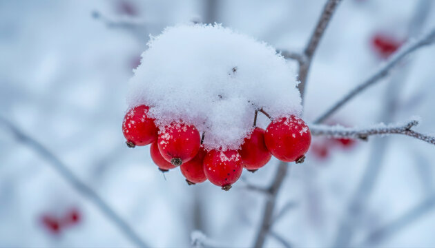 Cluster of vibrant red berries heavily blanketed with fresh white snow on a frosted winter branch.