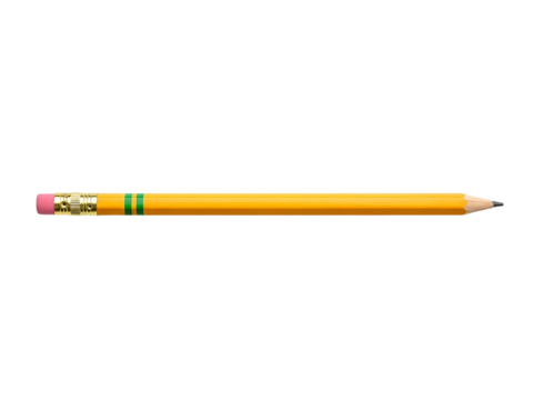A classic yellow pencil with a pink eraser and green accents isolated on transparent background