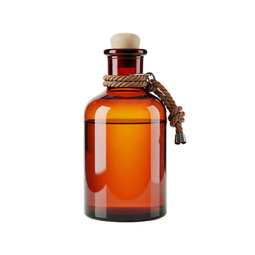 Antique amber glass apothecary bottle with cork stopper and leather tie isolated on transparent background