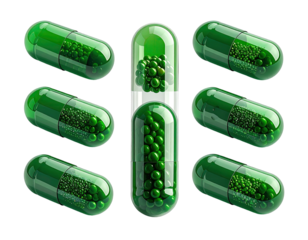 Green capsules filled with granules, isolated on black