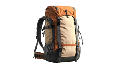 A large, outdoor-ready backpack with tan, orange, and black panels, isolated on black