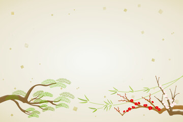 Horizontal Japanese Background with Pine Bamboo Plum and Gold Foil