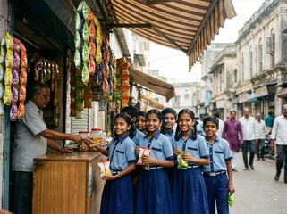 Naklejka premium Group Of Indian School Girls In Blue Uniforms Buying Snacks From Small Street Shop Vendor