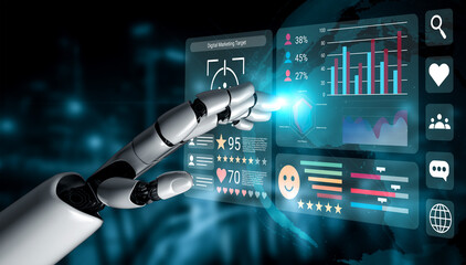 A robotic hand engages with a vibrant digital marketing dashboard, showcasing interactive data visualizations and performance metrics in a futuristic setting. Gantry